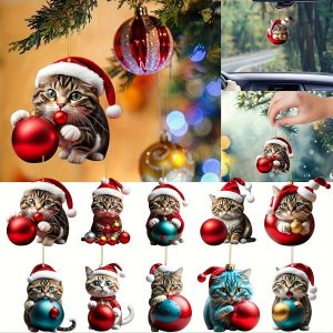 10pc Christmas Cat Acrylic Ornaments Set - Plastic Santa Hat Kitty Hanging Decorations for Christmas Tree, Car Rearview Mirror, Keychain, Home and Party Decor