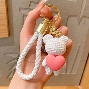 Cute Love Bear Keychain - Synthetic Resin, White - Fashionable Couple's Doll Key Ring & Handbag Charm for Men