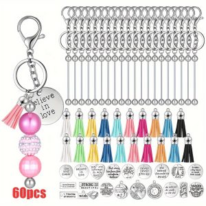 60Pcs Motivational Beadable Keychain Accessories Set Includes 20 Beadable Keychain Bars 20 Inspirational Words Charms 20 Leather Keychain Tassels for DIY Keyring Jewelry Making Kit Supplies