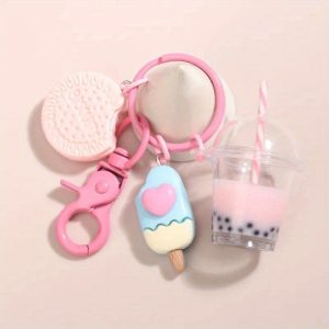 1pc Mini Ice-cream Bubble Tea Biscuit Keychain Cute Cartoon Key Chain Ring Bag Backpack Charm Earbud Case Accessories Women daily uses Gift