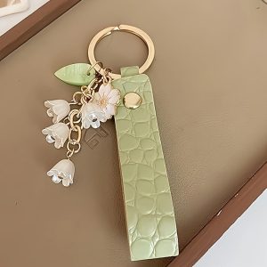 Pastel Green PU Leather Keychain With Lily Of The Valley Charms, Elegant Floral Ring For Keys For Valentine's & New Year, Stylish Car And Bag Accessory