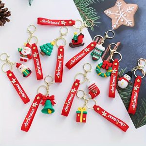 10 Pcs Christmas Keychain, Cartoon Santa Claus Snowman Christmas Tree Silicone Keyring Keychain For Birthday Christmas New Year Gifts