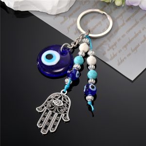 1 Pc Eye And Hand Keychain, Protective Amulet Charm With Beads, Alloy Key Ring For Purse, Bag, Backpack, Earbud Case, For Women And Men