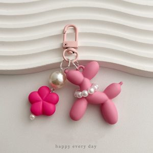 Balloon Dog Keyring for Women, Cute Cartoon Acrylic Pendant with Imitation Pearl Charm, Ladies Decorative Keychain for Birthday Festivity, Dopamine Fashion Accessory with Car Key Chain Hook, Ideal Party Gift - Single Piece