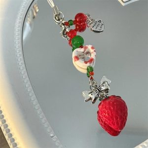 1pc Cute 3D Strawberry Cellphone Strap Chain Love Heart Pendant Keychain for Backpack Charm Dainty Bow Phone Strap Keyring