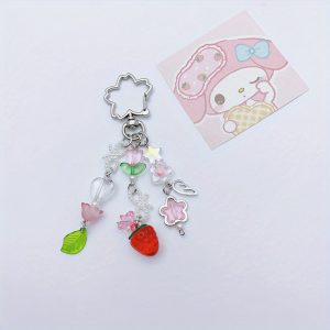 Charming Tulip & Strawberry Pendant Keychain - Floral Sakura Charms with Leaf Detail, Cute Versatile Card Holder Accessory, PVC and Zinc Alloy Carabiner Clip for Handbags