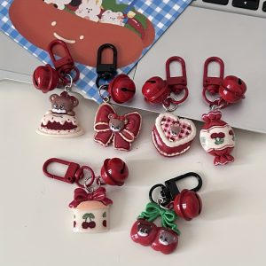 Charming Vintage Berry Red Cartoon Keychain - Cute Bear, Cherry & Bell Pendant | Perfect For Couples & Best Friends