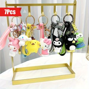 Authorized 7pcs Cartoon Sanrio Hello Kitty Key Chain For Men, Action Figure Pvc Model Doll Keychain, Cute Bag, Key, Phone, Decoration