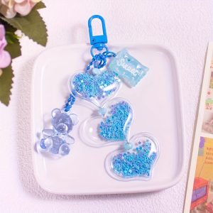 Colorful Acrylic Love Heart & Bear Charms with Glitter Sequins, ABS Fashion Candy Keychain Pendant, Cute Mobile Phone Accessory, Couple's Sparkling Bag Charm Decor