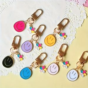 joyful Face & Colorful Flower Keychain - Zinc Alloy, Metal Key Ring For Men's Bags & Backpacks