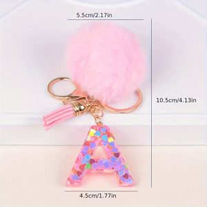 6 Pcs Pink Pom Pom Alphabet Keychains With Tassels, Resin Letter Key Rings With Golden Metal Lobster Clasp, Decorative Keychains With Colorful Heart Sequins, Perfect For Friend