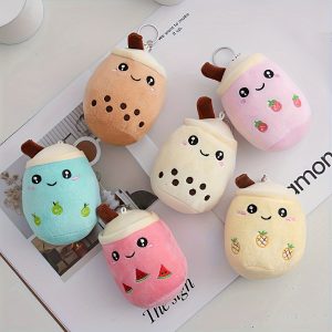 6pcs Cute Fruit Milk Tea Cup Plush Doll Key Chain, Plush Animal Toy With Key Chain, Bag Backpack Purse Ornament, Suitable For Sending Friends Gift Christmas Halloween Gift