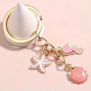 1pc Glitter Dolphin Shell Starfish Keychain Pendant, Cute Animal Summer Beach Pendant With Key Ring Purse Bag Backpack Car Key Charm Vacation Gift