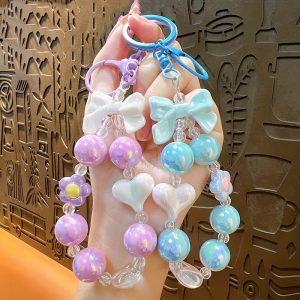 Cute Candy-Colored Beaded Keychain with Bow & Heart Charms - DIY Jewelry Accessory, Random Color Selection