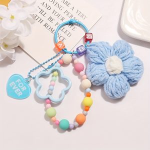 Knitted Flower Keychain Beaded Wristlet Lanyard, Adjustable Keyring Pendant Charm For Women