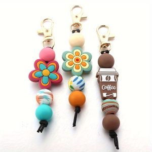 Chic Silicone Flower & Coffee Cup Keychain - Cartoon-Themed Beaded Charm for Purses, Backpacks & Car Keys - Perfect Birthday Gift